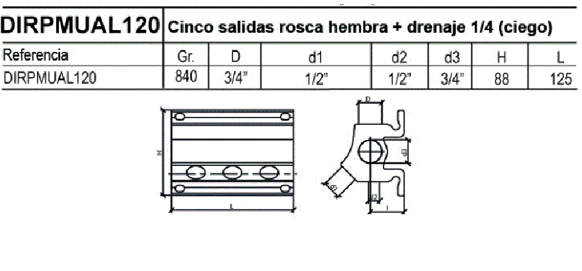 Colector en Aluminio 3 salidas  frontales + 2 laterales ref. DIRPMUAL120